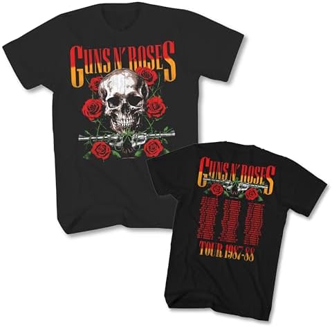 2Bhip Guns N' Roses Skull Roses Pistol Rock Band T Shirt, Black